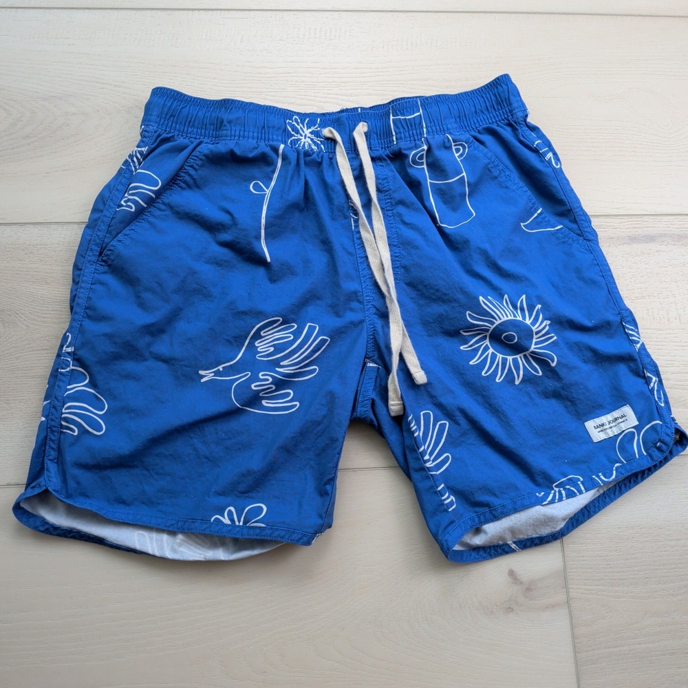 Banks Journal Haven Swim Trunks Mens S Blue Graphic Print Shorts Elastic Waist